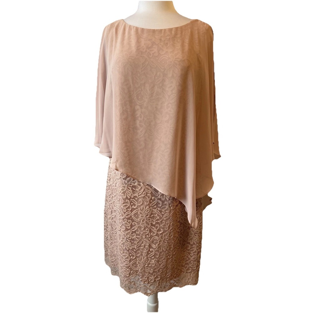 Connected Apparel Pink Lace Asymmetric Sheer Popover Dress 12 Wedding Cocktail